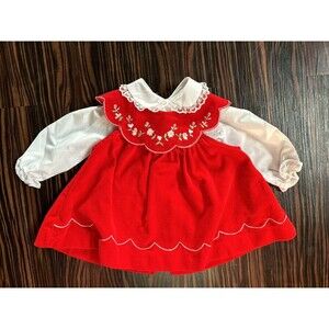Vintage Tiny Tots Girl 3-6 Months Red Floral Dress Velvet Apron 2 Piece Set